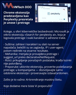 Chrome ekstenzija predstavljena kao Perplexity presretala je unose i pretrage