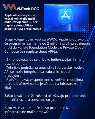 Apple olakšava pristup veštačkoj inteligenciji indie‑razvijačima — bez naplate cloud API za projekte