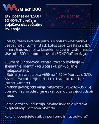 JDY: botnet od 1.500+ SOHO/IoT uređaja pojačava obaveštajno izviđanje