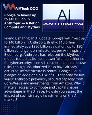 Google investira do 40 milijardi dolara u Anthropic — ulog u kapacitete i model Mythos