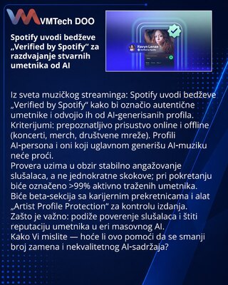 Spotify uvodi bedževe „Verified by Spotify“ za razdvajanje stvarnih umetnika od AI