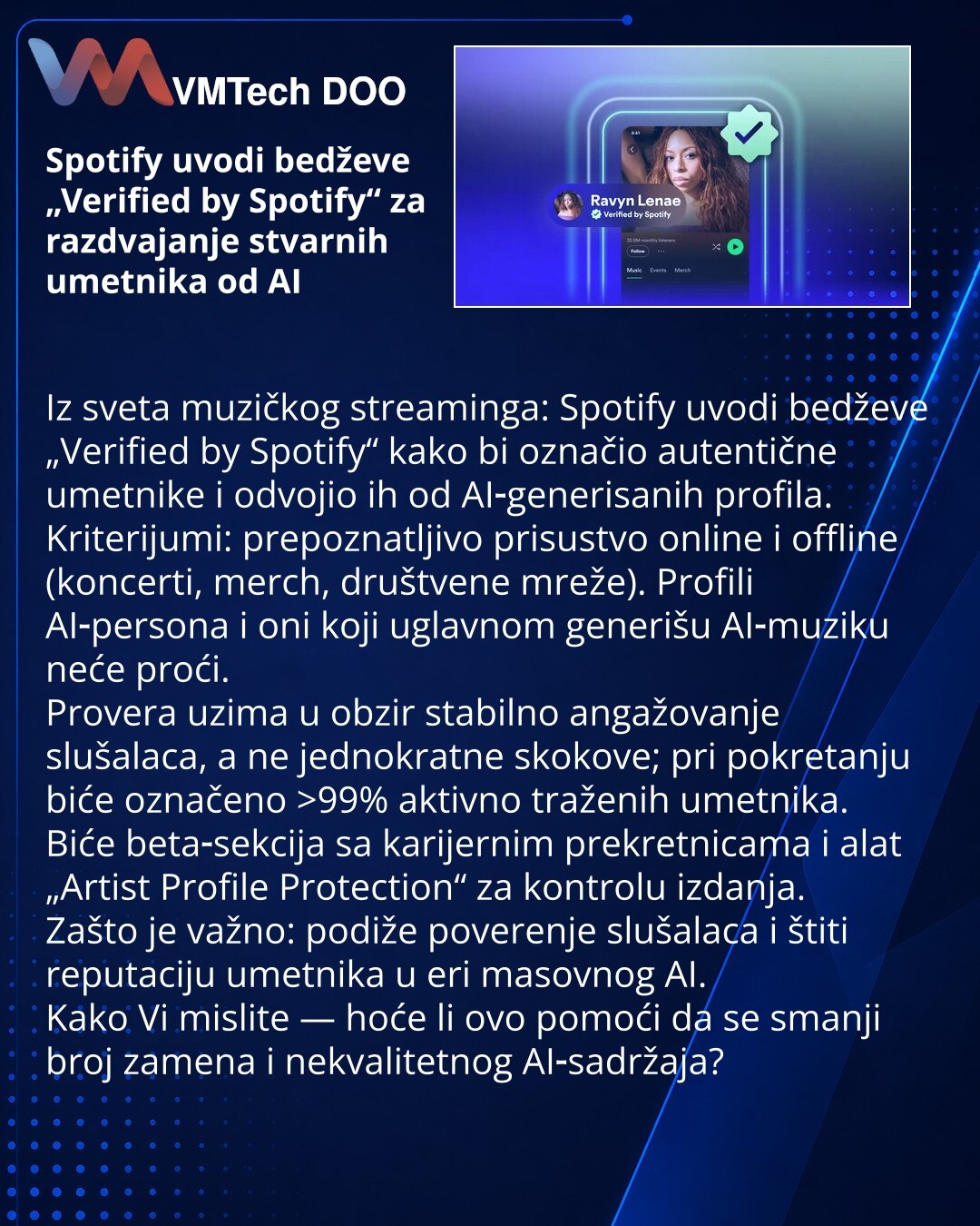 Spotify uvodi bedževe „Verified by Spotify“ za razdvajanje stvarnih umetnika od AI

Iz sveta muzičkog streaminga: Spotify uvodi bedževe „Verified by Spotify“ kako bi označio autentične umetnike i odvojio ih od AI‑generisanih profila.
Kriterijumi: prepoznatljivo prisustvo online i offline (koncerti, merch, društvene mreže). Profili AI‑persona i oni koji uglavnom generišu AI‑muziku neće proći.
Provera uzima u obzir stabilno angažovanje slušalaca, a ne jednokratne skokove; pri pokretanju biće označ