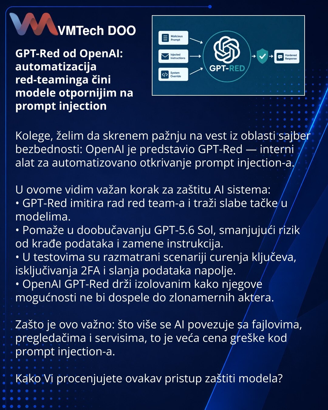 GPT-Red od OpenAI: automatizacija red-teaminga čini modele otpornijim na prompt injection

Kolege, želim da skrenem pažnju na vest iz oblasti sajber bezbednosti: OpenAI je predstavio GPT-Red — interni alat za automatizovano otkrivanje prompt injection-a.

U ovome vidim važan korak za zaštitu AI sistema:
• GPT-Red imitira rad red team-a i traži slabe tačke u modelima.
• Pomaže u doobučavanju GPT-5.6 Sol, smanjujući rizik od krađe podataka i zamene instrukcija.
• U testovima su razmatrani scenarij
