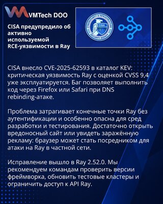 CISA внесло активно эксплуатируемую уязвимость Ray в каталог KEV