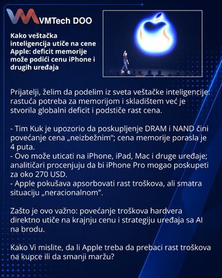 Kako veštačka inteligencija utiče na cene Apple: deficit memorije može podići cenu iPhone i drugih uređaja