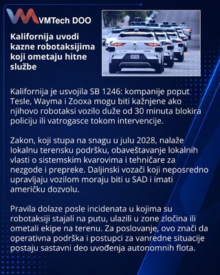 Kalifornija propisuje odgovornost robotaksi operatera u hitnim situacijama