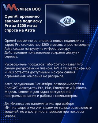 OpenAI приостановила новые подписки Pro из-за спроса на Astra