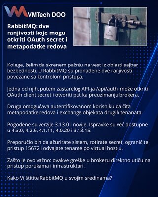 RabbitMQ: dve ranjivosti koje mogu otkriti OAuth secret i metapodatke redova