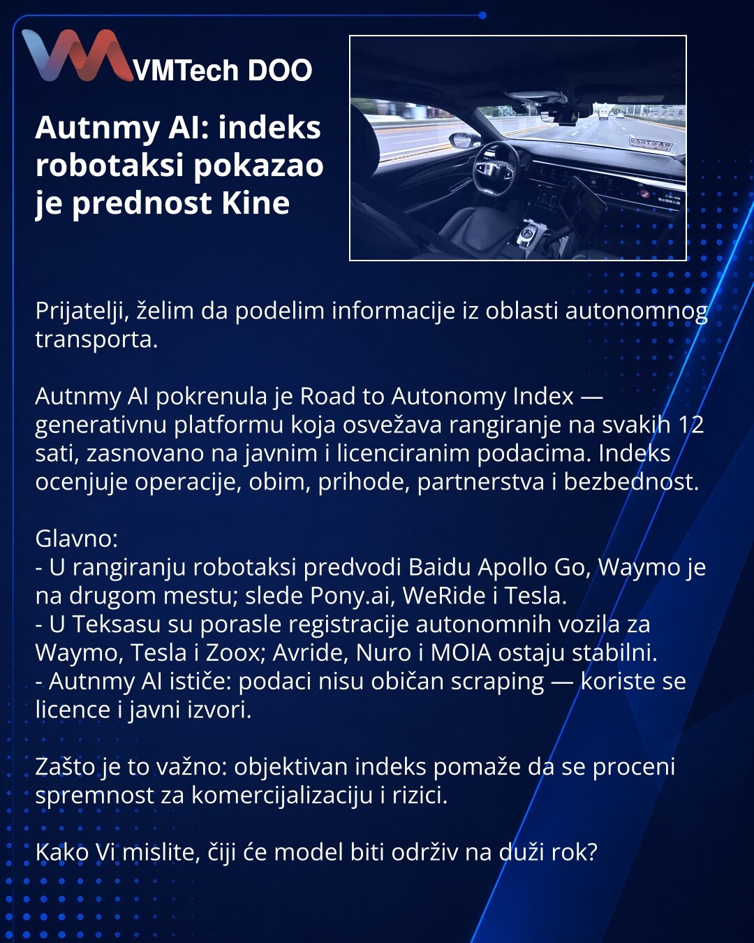 Autnmy AI: indeks robotaksi pokazao je prednost Kine

Prijatelji, želim da podelim informacije iz oblasti autonomnog transporta.

Autnmy AI pokrenula je Road to Autonomy Index — generativnu platformu koja osvežava rangiranje na svakih 12 sati, zasnovano na javnim i licenciranim podacima. Indeks ocenjuje operacije, obim, prihode, partnerstva i bezbednost.

Glavno:
- U rangiranju robotaksi predvodi Baidu Apollo Go, Waymo je na drugom mestu; slede Pony.ai, WeRide i Tesla.
- U Teksasu su porasle reg