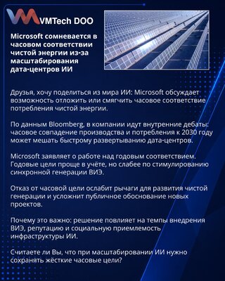 Microsoft сомневается в часовом соответствии чистой энергии из‑за масштабирования дата‑центров ИИ