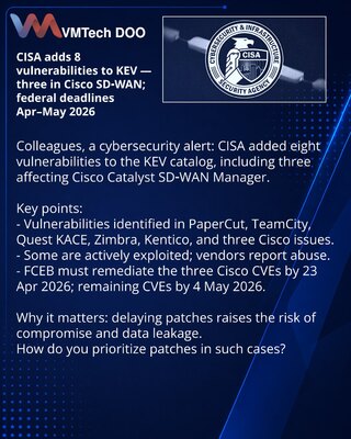 CISA dodala 8 ranjivosti u KEV — tri u Cisco SD‑WAN, savezni rokovi april‑maj 2026
