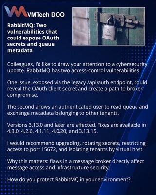 RabbitMQ: dve ranjivosti koje mogu otkriti OAuth secret i metapodatke redova