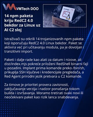 Trojanizovani npm paketi isporučuju RedC2 4.0 bekdor za Linux