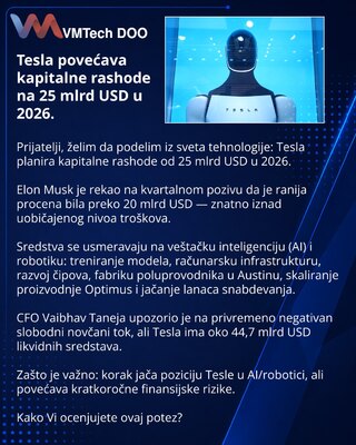 Tesla povećava kapitalne rashode na 25 mlrd USD u 2026.