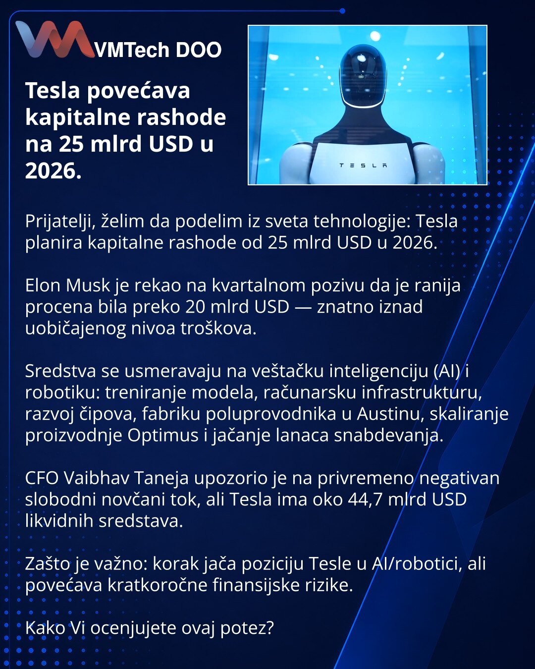 Tesla povećava kapitalne rashode na 25 mlrd USD u 2026.

Prijatelji, želim da podelim iz sveta tehnologije: Tesla planira kapitalne rashode od 25 mlrd USD u 2026.

Elon Musk je rekao na kvartalnom pozivu da je ranija procena bila preko 20 mlrd USD — znatno iznad uobičajenog nivoa troškova.

Sredstva se usmeravaju na veštačku inteligenciju (AI) i robotiku: treniranje modela, računarsku infrastrukturu, razvoj čipova, fabriku poluprovodnika u Austinu, skaliranje proizvodnje Optimus i jačanje lanaca