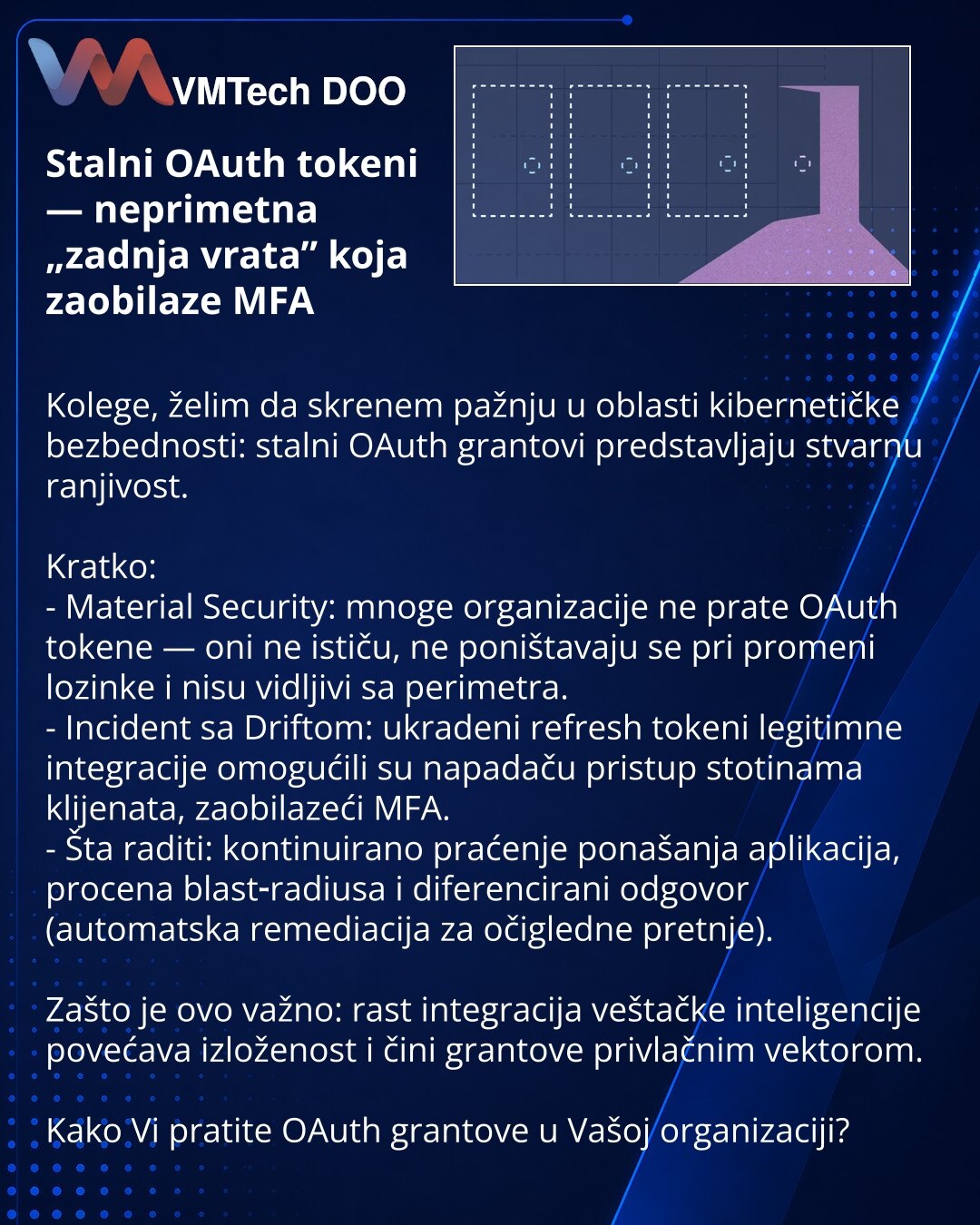 Stalni OAuth tokeni — neprimetna „zadnja vrata” koja zaobilaze MFA

Kolege, želim da skrenem pažnju u oblasti kibernetičke bezbednosti: stalni OAuth grantovi predstavljaju stvarnu ranjivost.

Kratko:
- Material Security: mnoge organizacije ne prate OAuth tokene — oni ne ističu, ne poništavaju se pri promeni lozinke i nisu vidljivi sa perimetra.
- Incident sa Driftom: ukradeni refresh tokeni legitimne integracije omogućili su napadaču pristup stotinama klijenata, zaobilazeći MFA.
- Šta raditi: ko