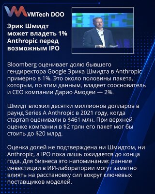 Eric Schmidt navodno drži oko 1% udela u Anthropicu
