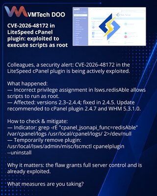 CVE-2026-48172 u LiteSpeed pluginu za cPanel: iskorišćava se za pokretanje skripti kao root