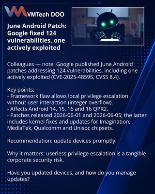 Junijski Android peč: Google je otklonio 124 ranjivosti, jedna u aktivnoj eksploataciji