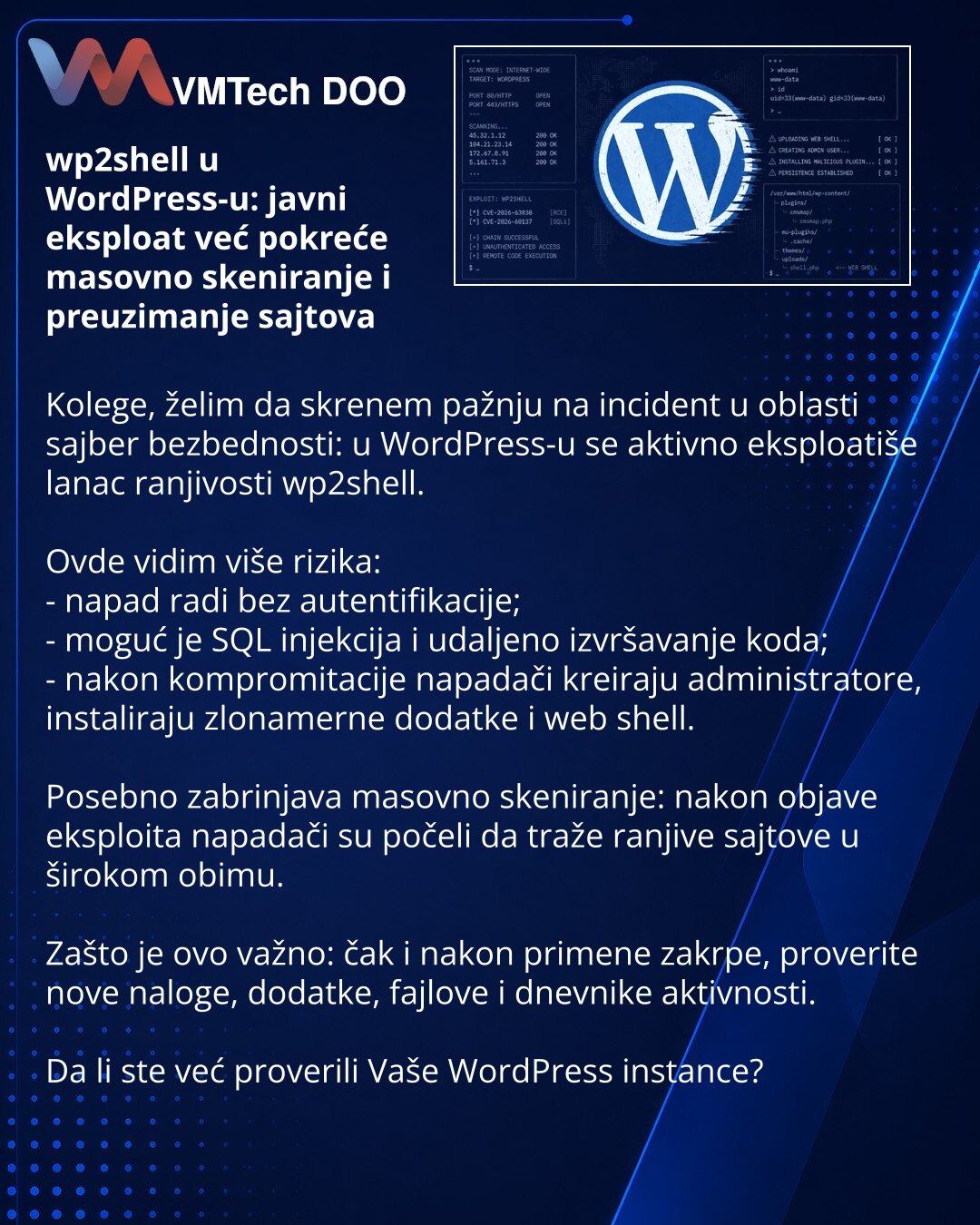 wp2shell u WordPress-u: javni eksploat već pokreće masovno skeniranje i preuzimanje sajtova