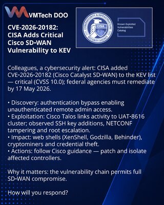 CVE-2026-20182: CISA je uvrstila kritičnu ranjivost Cisco SD‑WAN u KEV