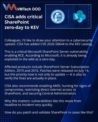 CISA adds critical SharePoint zero-day to KEV
