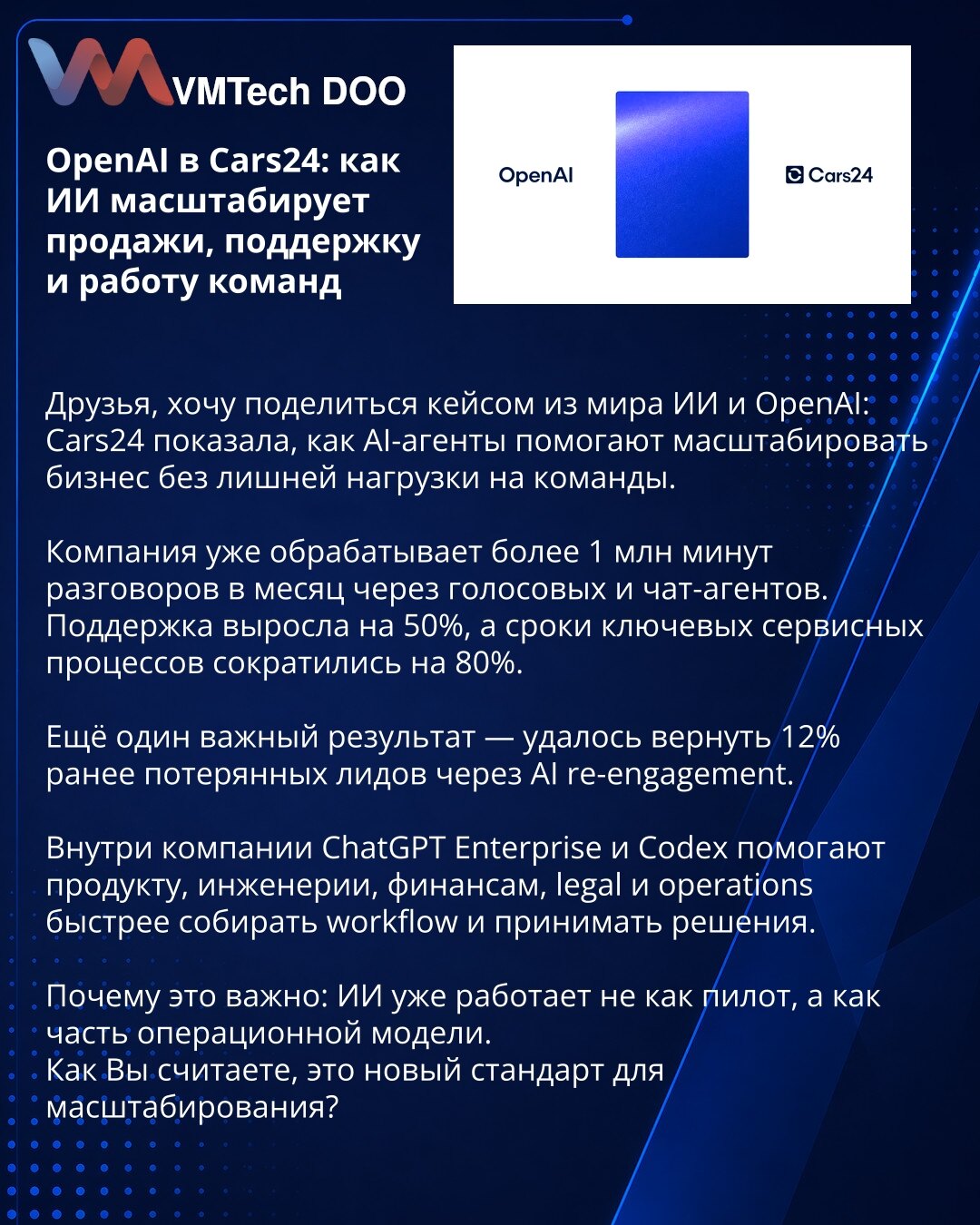 OpenAI u Cars24: kako AI skalira prodaju, podršku i rad timova

Prijatelji, želim da podelim slučaj iz sveta veštačke inteligencije i OpenAI: Cars24 je pokazala kako AI agenti pomažu da se biznis skalira bez dodatnog opterećenja za timove.

Kompanija već obrađuje više od 1 milion minuta razgovora mesečno putem glasovnih i čet-bot agenata.
Podrška je porasla za 50%, a rokovi ključnih servisnih procesa skraćeni su za 80%.

Još jedan važan rezultat je povratak 12% ranije izgubljenih leadova kroz AI