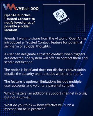 OpenAI запускает «Доверенный контакт» для оповещения близких при признаках суицидальных мыслей