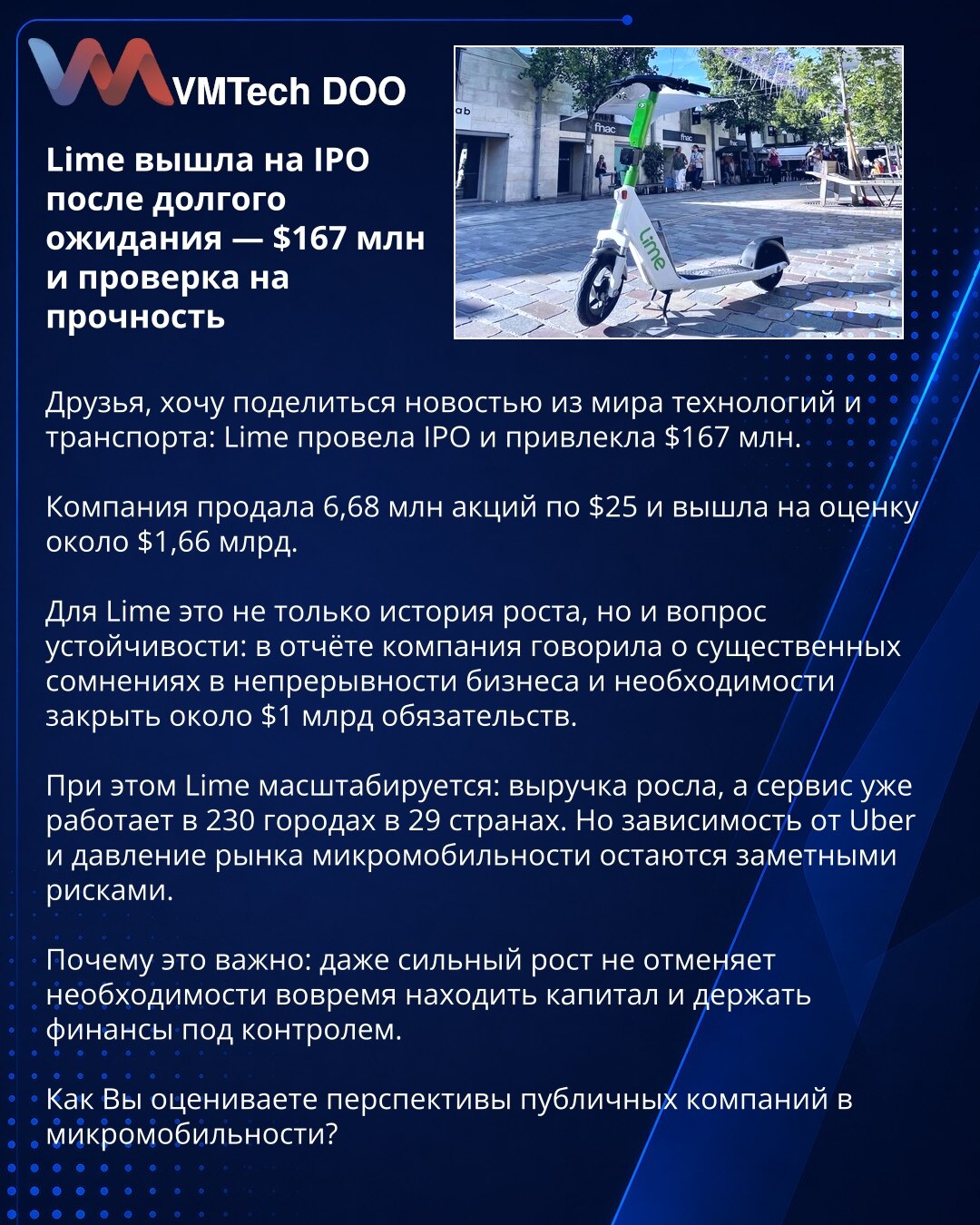 Lime izlazi na IPO posle dugog čekanja — 167 miliona USD i provera otpornosti

Prijatelji, želim da podelim vest iz sveta tehnologije i transporta: Lime je sprovela IPO i prikupila 167 miliona USD.

Kompanija je prodala 6,68 miliona akcija po 25 USD i dostigla valuaciju od oko 1,66 milijardi USD.

Za Lime ovo nije samo priča o rastu, već i o održivosti: u izveštaju je navela značajne sumnje u neprekidnost poslovanja i potrebu da zatvori oko 1 milijardu USD obaveza.

Istovremeno, Lime se širi: pr