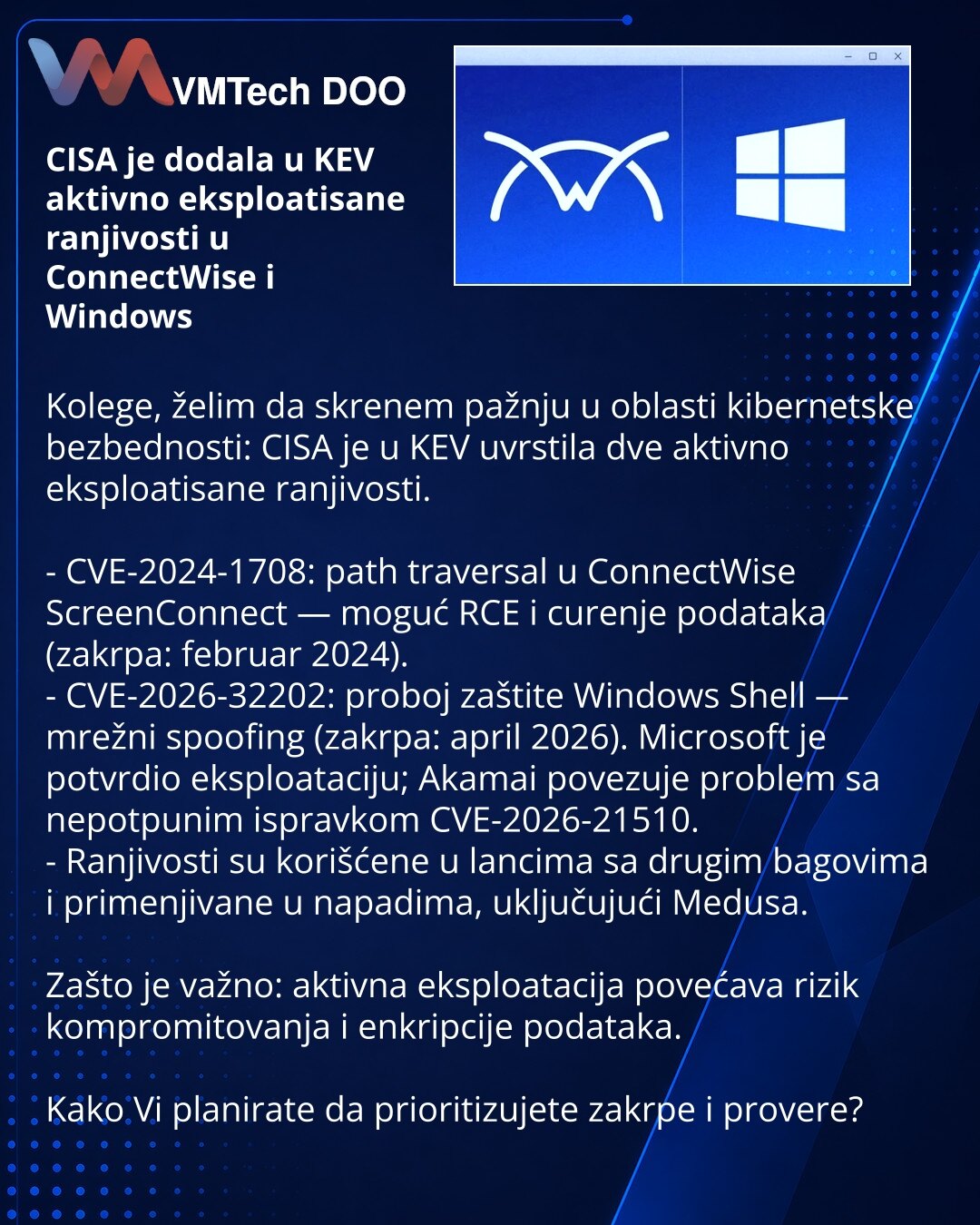 CISA je dodala u KEV aktivno eksploatisane ranjivosti u ConnectWise i Windows

Kolege, želim da skrenem pažnju u oblasti kibernetske bezbednosti: CISA je u KEV uvrstila dve aktivno eksploatisane ranjivosti.

- CVE-2024-1708: path traversal u ConnectWise ScreenConnect — moguć RCE i curenje podataka (zakrpa: februar 2024).
- CVE-2026-32202: proboj zaštite Windows Shell — mrežni spoofing (zakrpa: april 2026). Microsoft je potvrdio eksploataciju; Akamai povezuje problem sa nepotpunim ispravkom CVE-2