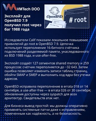 В OpenBSD 7.9 связали старое переполнение счётчика с root-эксплойтом