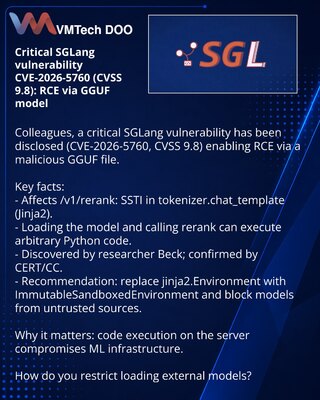 Kritična ranjivost SGLang CVE-2026-5760 (CVSS 9.8): RCE putem GGUF modela