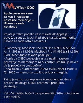 Apple povećava cene za Mac i iPad zbog nestašice memorije — iPhone za sada netaknut