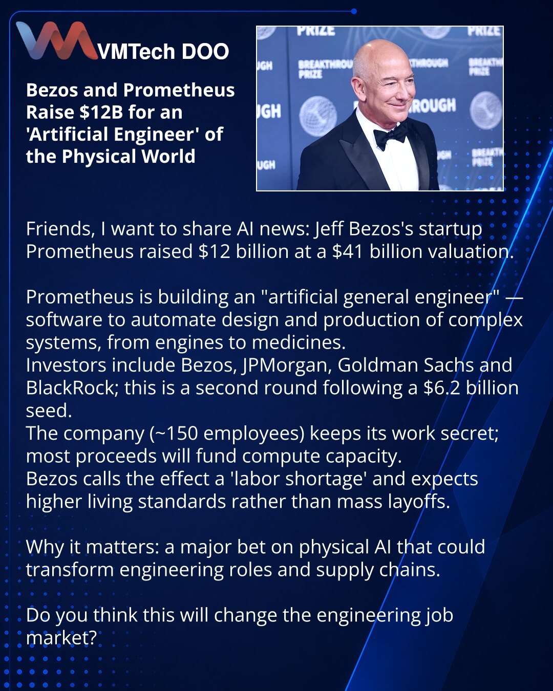 Bezos i Prometheus prikupili $12 mlrd za „veštačkog inženjera“ fizičkog sveta

Prijatelji želim da podelim vest iz sveta veštačke inteligencije: startap Prometheus Džefa Bezosa prikupio je $12 mlrd, procena $41 mlrd.

Prometheus razvija „artificial general engineer“ — softver za automatizaciju projektovanja i proizvodnje složenih sistema: od motora do lekova.
Uložili su Bezos, JPMorgan, Goldman Sachs i BlackRock; ovo je drugi krug nakon početnog od $6.2 mlrd.
Kompanija (≈150 zaposlenih) čuva raz