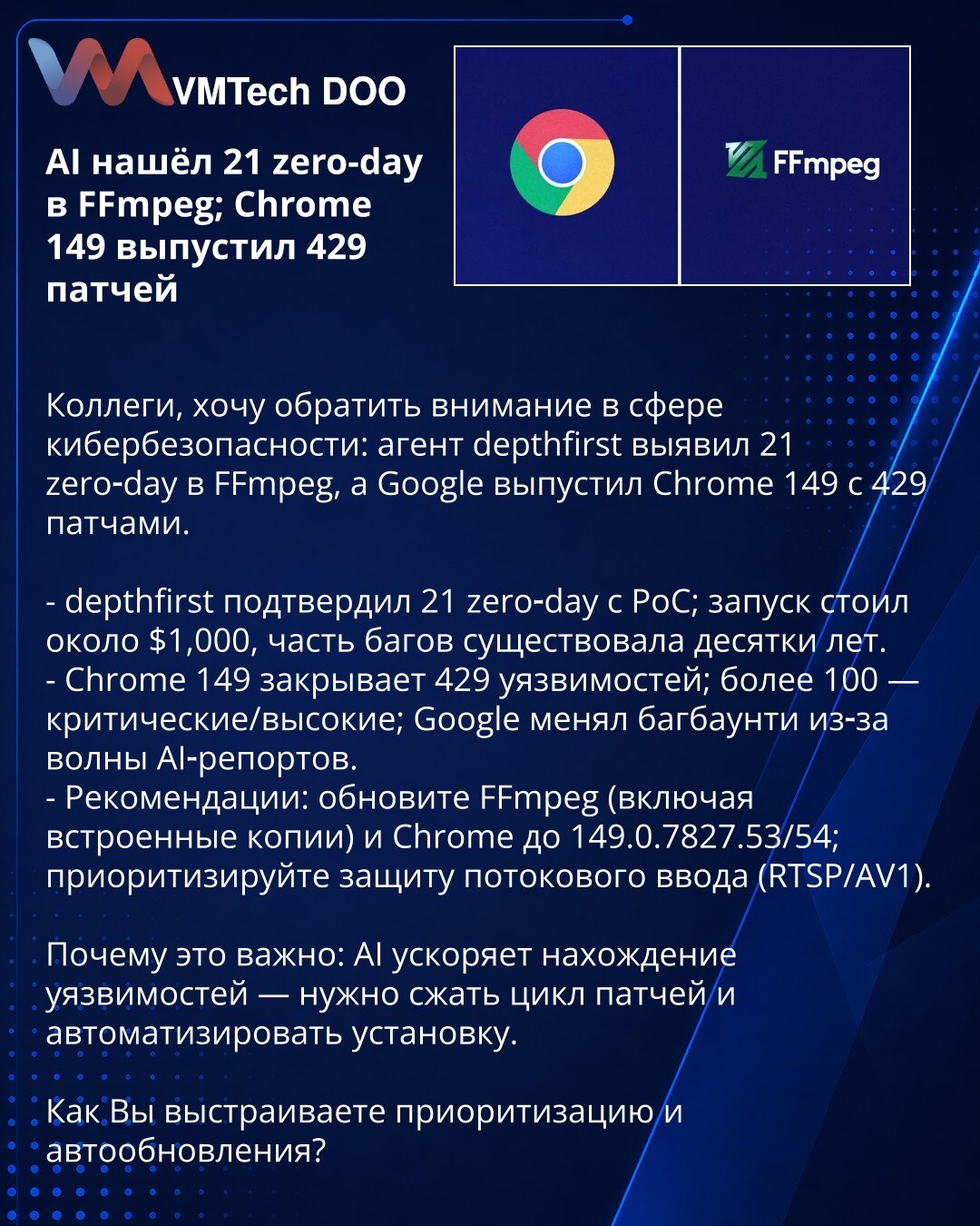 AI otkrio 21 zero-day u FFmpeg; Chrome 149 objavio 429 zakrpa

Kolege, želim skrenuti pažnju u oblasti sajber bezbednosti: agent depthfirst otkrio je 21 zero-day u FFmpeg, a Google je objavio Chrome 149 sa 429 zakrpa.

- depthfirst je potvrdio 21 zero-day sa PoC; trošak otkrića oko $1,000, neki bagovi postojali su decenijama.
- Chrome 149 zatvara 429 ranjivosti; preko 100 su kritične/visokog nivoa; Google je menjao bounty program zbog talasa AI izveštaja.
- Preporuke: ažurirajte FFmpeg (uključuj