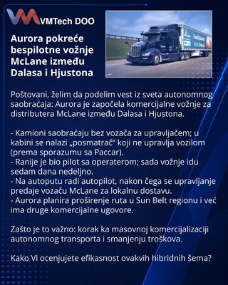 Aurora pokreće bespilotne vožnje McLane između Dalasa i Hjustona