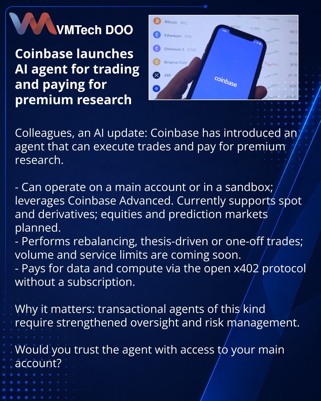 Coinbase je pokrenuo AI agenta za trgovanje i plaćanje premijum istraživanja

Prijatelji, želim podeliti vest iz sveta AI: Coinbase je lansirao agenta koji može trgovati i plaćati plaćene istraživačke izveštaje.

- Agent može raditi sa glavnim nalogom ili u sandbox režimu; koristi Coinbase Advanced; trenutno — spot i derivati, kasnije — akcije i prediction markets.
- Izvodi rebalans, trguje po tezi ili izvršava jednokratnu transakciju; uskoro će biti ograničenja na obim i dostupne servise.
- Pla