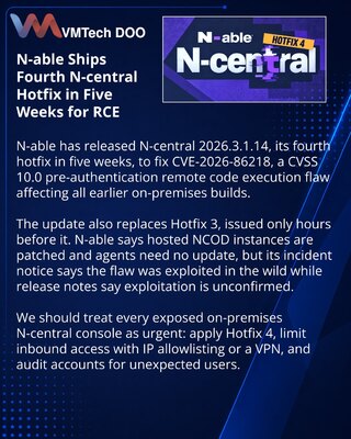 N-able закрыла критическую RCE-уязвимость в N-central четвёртым хотфиксом