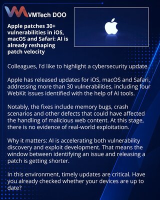 Apple zatvorila 30+ ranjivosti u iOS, macOS i Safariju: AI već utiče na brzinu zakrpa