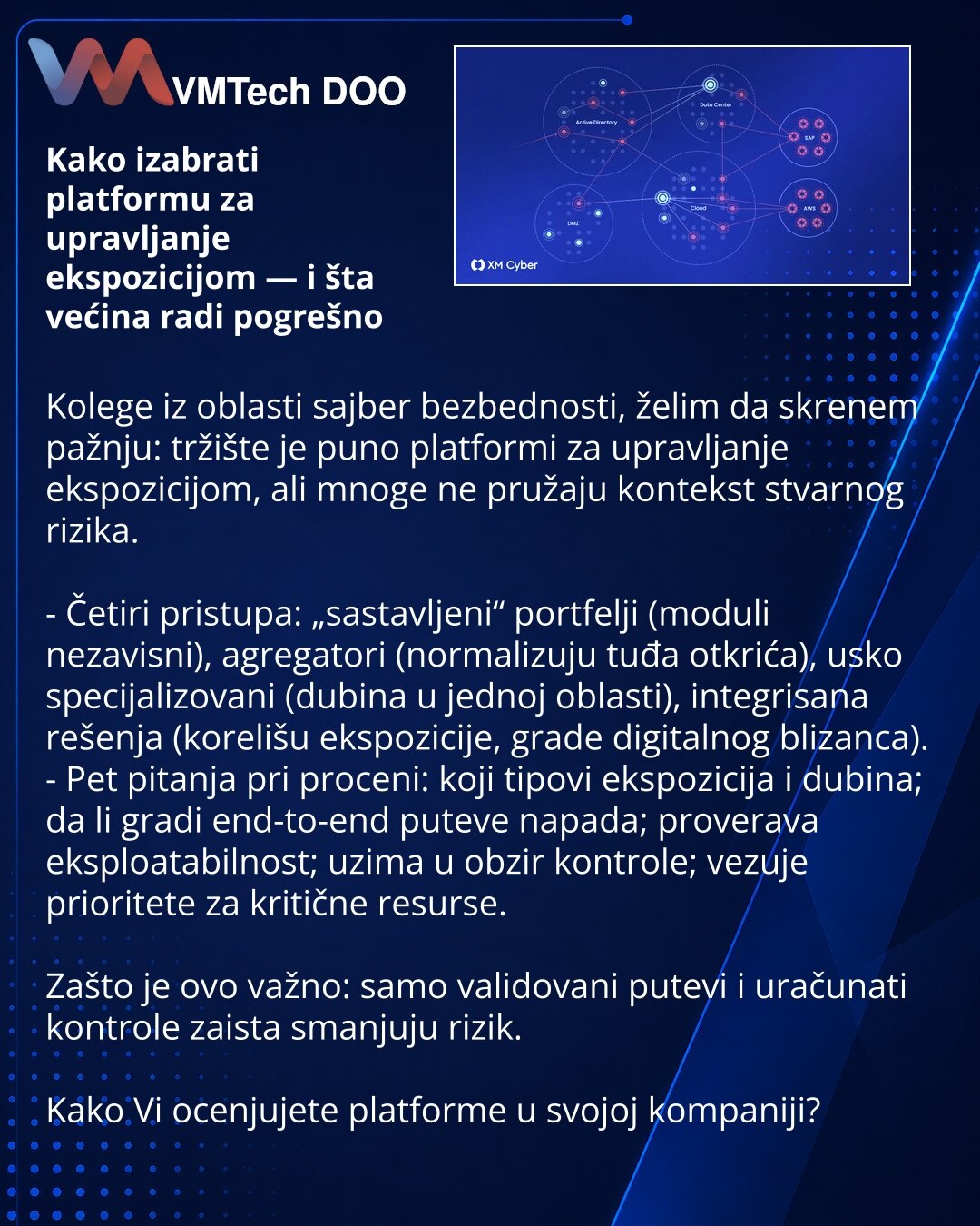 Kako izabrati platformu za upravljanje ekspozicijom — i šta većina radi pogrešno

Kolege iz oblasti sajber bezbednosti, želim da skrenem pažnju: tržište je puno platformi za upravljanje ekspozicijom, ali mnoge ne pružaju kontekst stvarnog rizika.

- Četiri pristupa: „sastavljeni“ portfelji (moduli nezavisni), agregatori (normalizuju tuđa otkrića), usko specijalizovani (dubina u jednoj oblasti), integrisana rešenja (korelišu ekspozicije, grade digitalnog blizanca).
- Pet pitanja pri proceni: koji