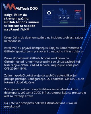 Kolge, želim da skrenem pažnju: GitHub Actions runneri se koriste za napade na cPanel i WHM