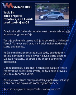 Tesla širi pilot-projekte robotaksija na Floridi pred izveštaj za Q2