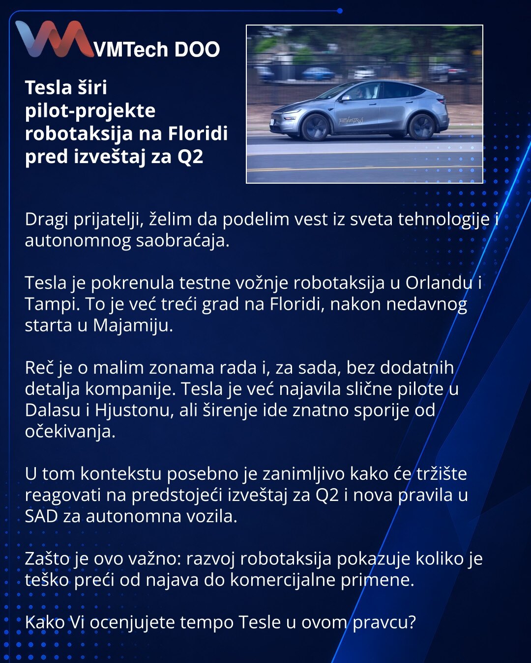 Tesla širi pilot-projekte robotaksija na Floridi pred izveštaj za Q2