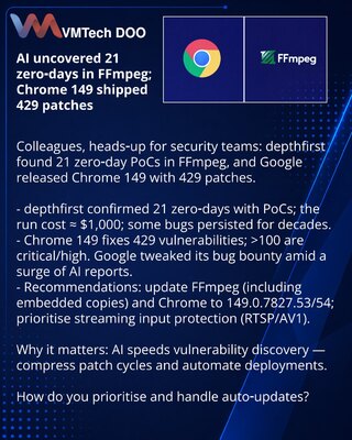 AI otkrio 21 zero-day u FFmpeg; Chrome 149 objavio 429 zakrpa