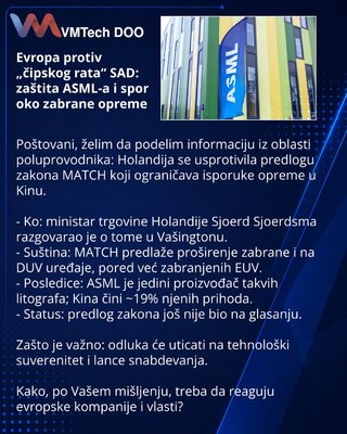 Evropa protiv „čipskog rata“ SAD: zaštita ASML-a i spor oko zabrane opreme