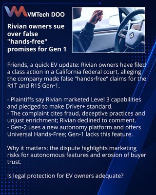 Rivian owners sue over false "hands‑free" promises for Gen 1