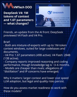 DeepSeek V4: 1M tokena konteksta i 1,6 triliona parametara — šta to menja