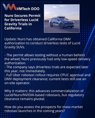Nuro получил разрешение на беспилотные испытания Lucid Gravity в Калифорнии