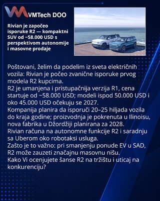 Rivian je započeo isporuke R2 — kompaktni SUV od ~58.000 USD s perspektivom autonomije i masovne prodaje