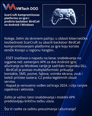 ScarCruft kompromitovao platformu za igre i proširio backdoor BirdCall na Android i Windows